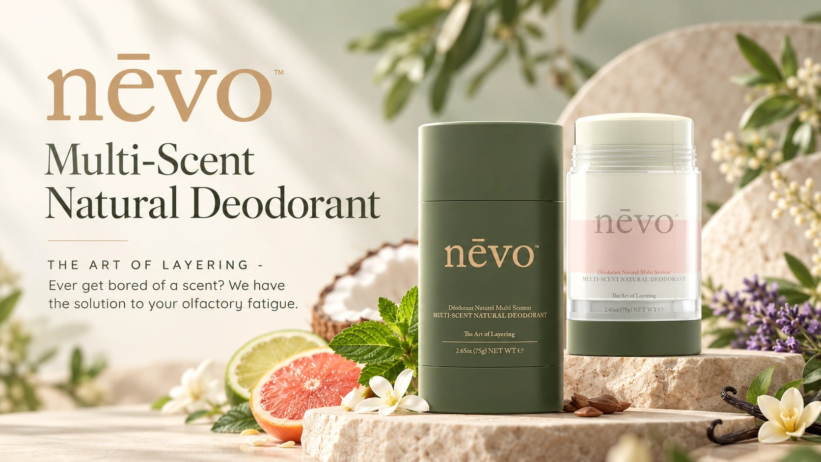 nēvo Multi-Scent Natural Deodorant hero, with real product design references, natural botanical elements, and the art of layering